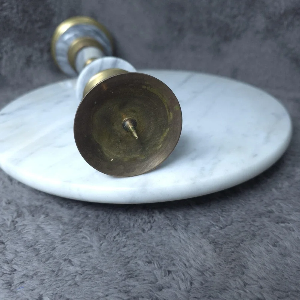 Vintage Brass Marble Candlestick Holders White Stone Taper Pillar Pair Decor 15